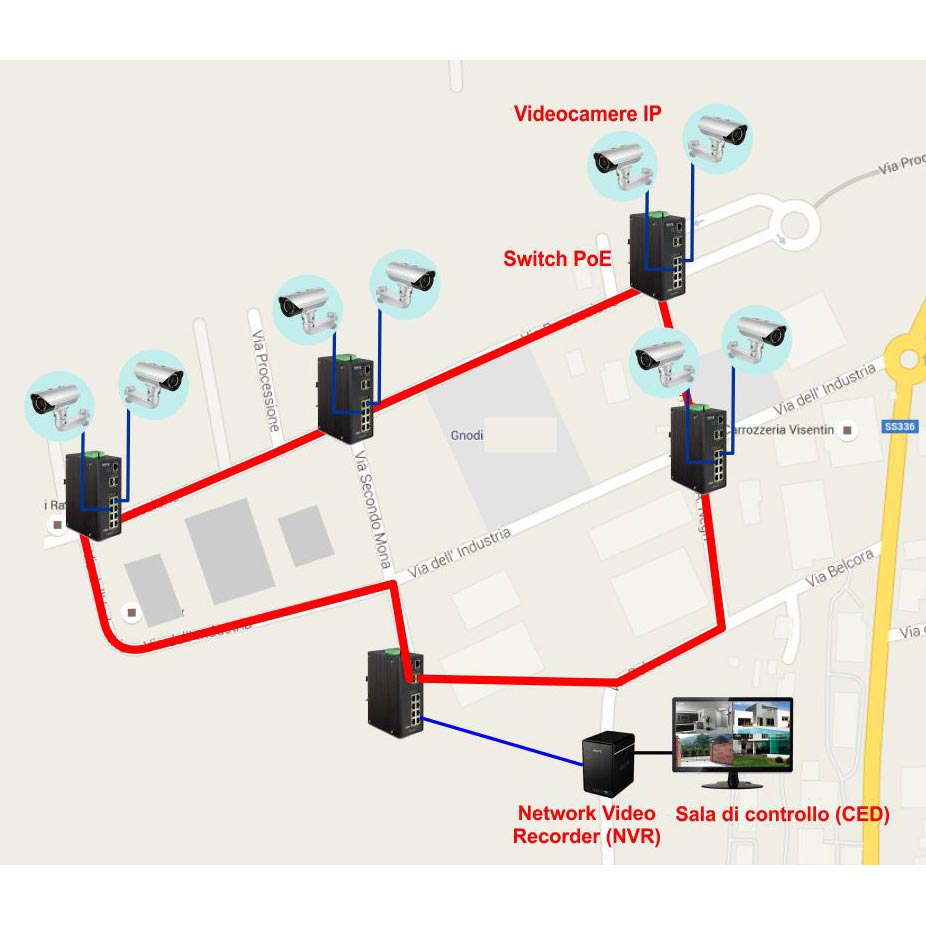 Impianto video-sorveglianza IP con fibra ottica